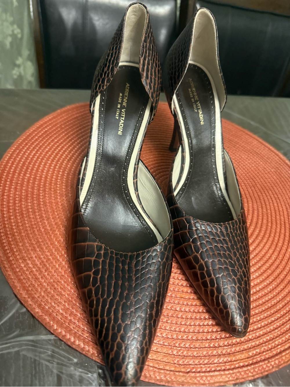Adrienne Vittadini Brown Croc-Embossed Pointed Toe Pumps